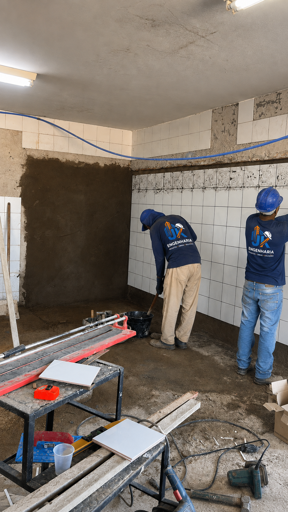 Dois membros da equipe JK Engenharia no assentamento de azulejo em parede interna