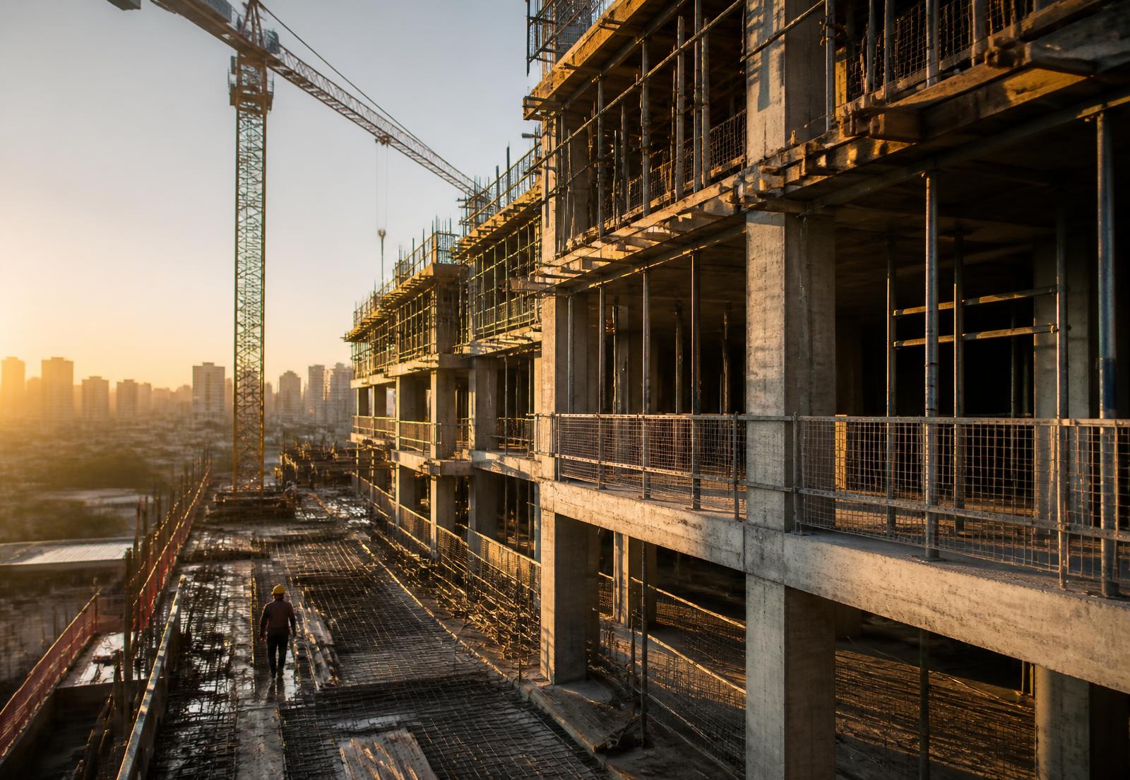 Obra residencial em execução ao entardecer, com estrutura de concreto e andaimes